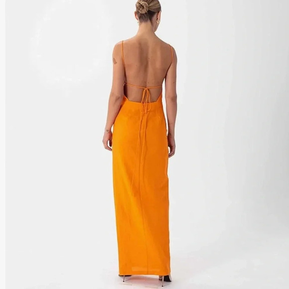 Ronny Kobo Clark Linen Blend Open Back Maxi Dress Ruched Bodycon Orange Size S - Picture 4 of 15